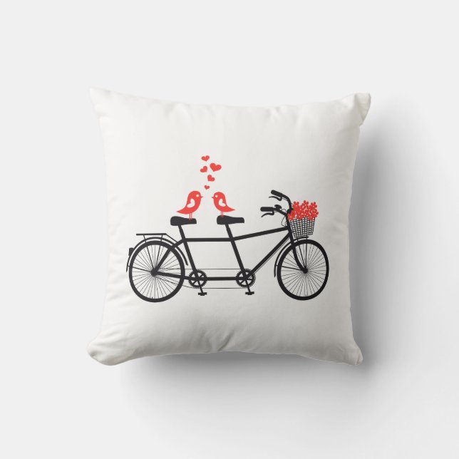 tandem bicycle with cute love birds and red hearts throw pillow (Front)