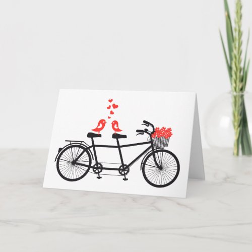 tandem bicycle with cute love birds card