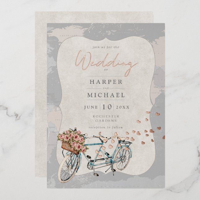 tandem bicycle world map wedding foil invitation (Front/Back)