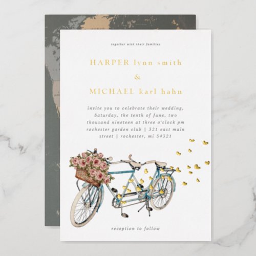 tandem bicycle world map wedding invitation foil invitation