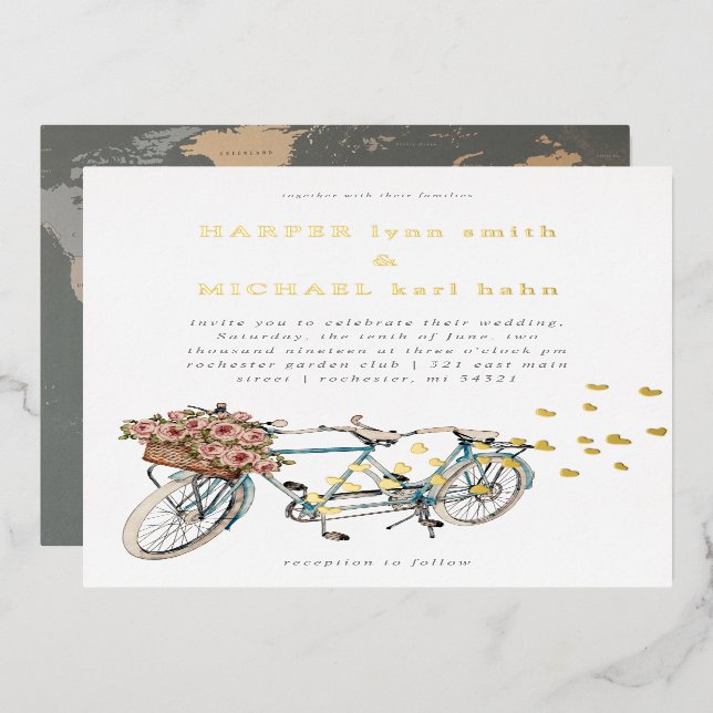 tandem bicycle world map wedding invitation foil invitation (Front/Back)