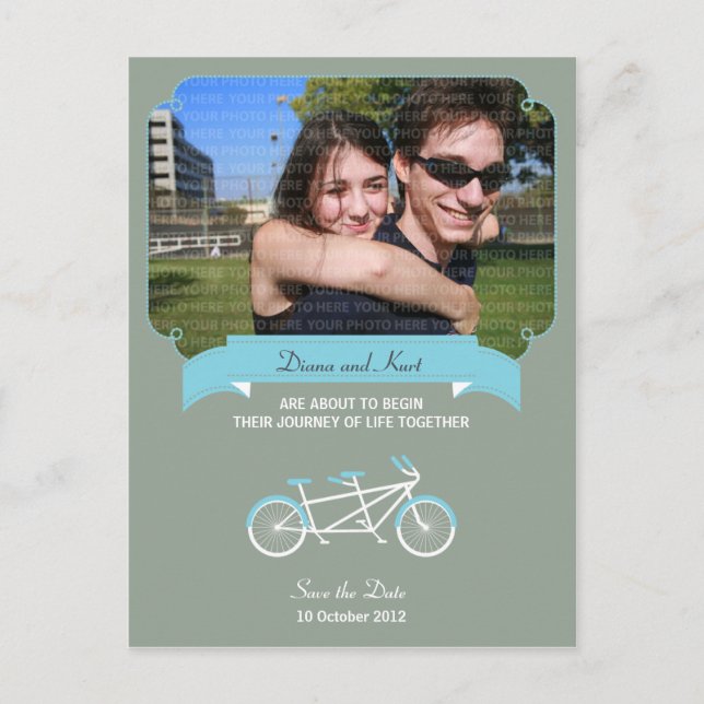 Tandem Bike (Blue / Gray) Save the Date Photo Announcement Postcard (Front)