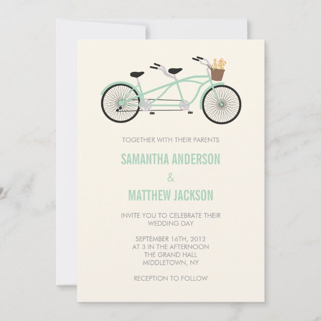 Tandem Bike Wedding Invitation - Mint Green (Front)