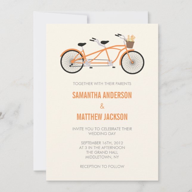 Tandem Bike Wedding Invitation - Orange (Front)