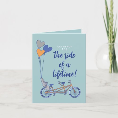 Tandem bike with baby seat  heart balloons card