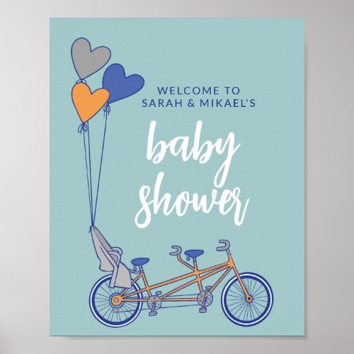 Tandem bike with baby seat shower sign