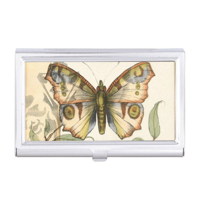 Tandem Butterflies Over Green Leaves Business Card Case (Front)
