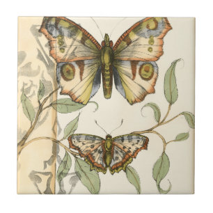Tandem Butterflies Over Green Leaves Ceramic Tile