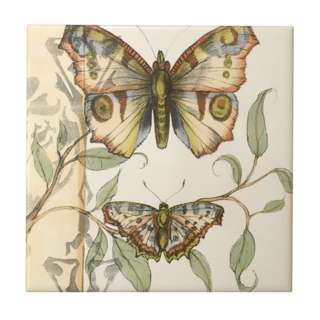 Tandem Butterflies Over Green Leaves Ceramic Tile (Front)