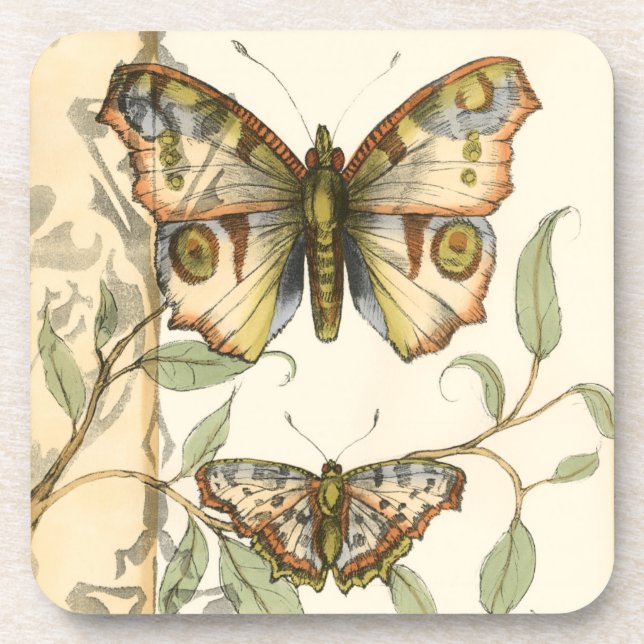 Tandem Butterflies Over Green Leaves Coaster (Front)