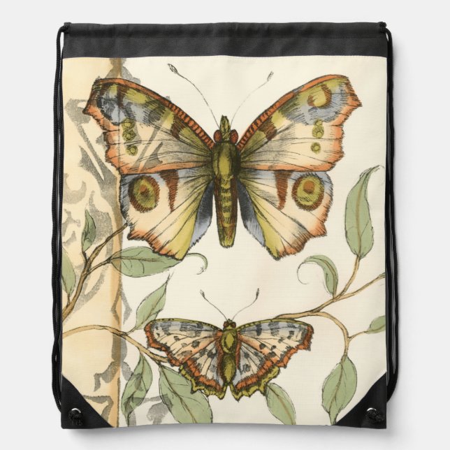 Tandem Butterflies Over Green Leaves Drawstring Bag (Front)