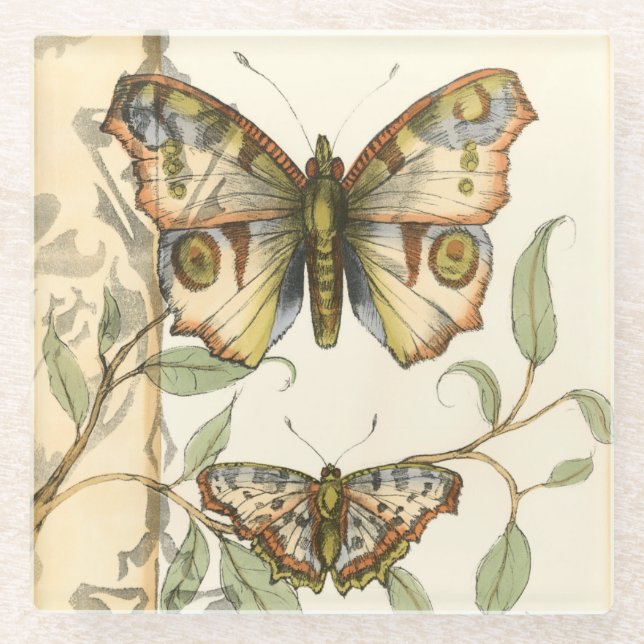 Tandem Butterflies Over Green Leaves Glass Coaster (Front)