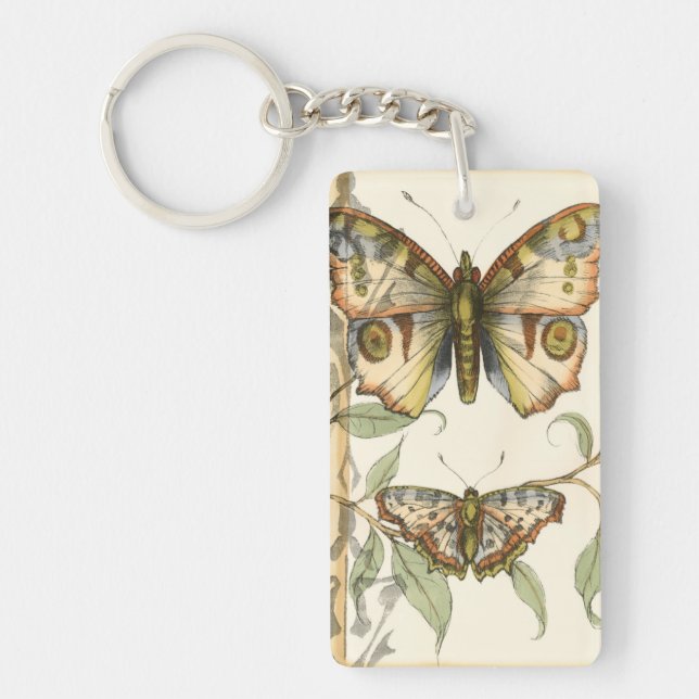 Tandem Butterflies Over Green Leaves Keychain (Front)