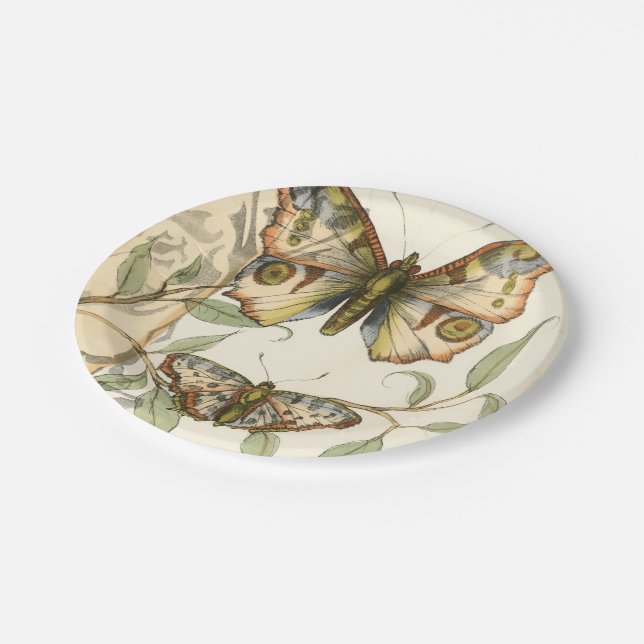Tandem Butterflies Over Green Leaves Paper Plates (Angled)