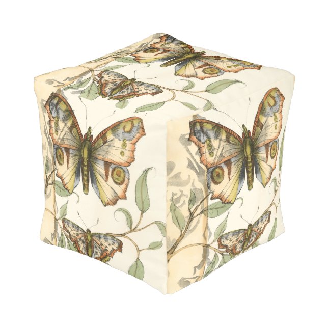 Tandem Butterflies Over Green Leaves Pouf (Angled Front)