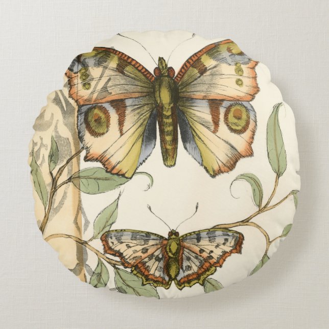 Tandem Butterflies Over Green Leaves Round Pillow (Front)