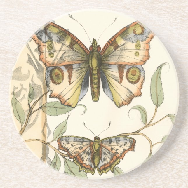 Tandem Butterflies Over Green Leaves Sandstone Coaster (Front)
