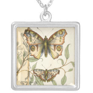 Tandem Butterflies Over Green Leaves Silver Plated Necklace
