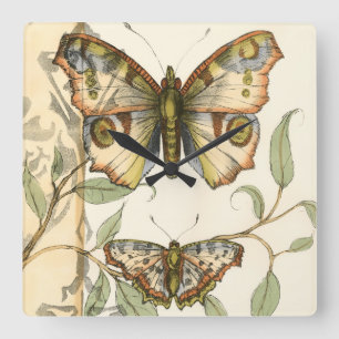 Tandem Butterflies Over Green Leaves Square Wall Clock