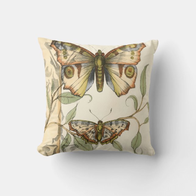 Tandem Butterflies Over Green Leaves Throw Pillow (Front)