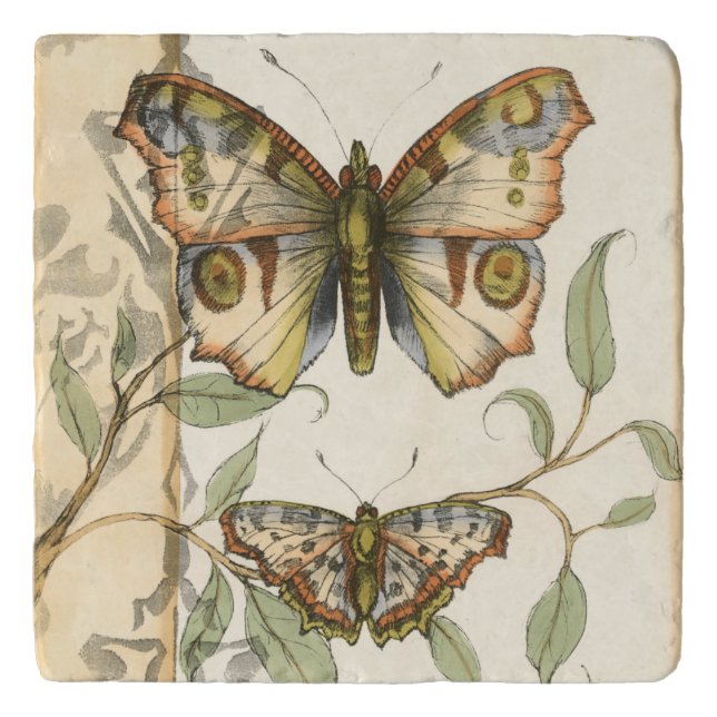 Tandem Butterflies Over Green Leaves Trivet (Front)
