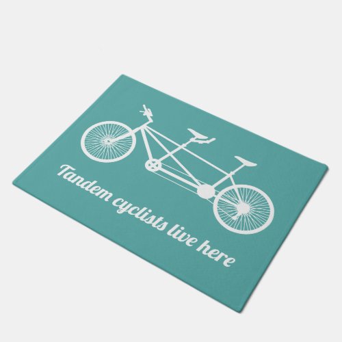 Tandem Cyclists Live Here Teal Blue and White Doormat