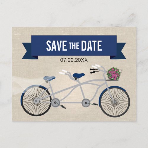 Tandem Dark Blue Bicycle Wedding Save the Date Announcement Postcard