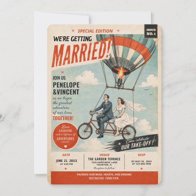Tandem Flight Gazette Wedding Invitation (Front)