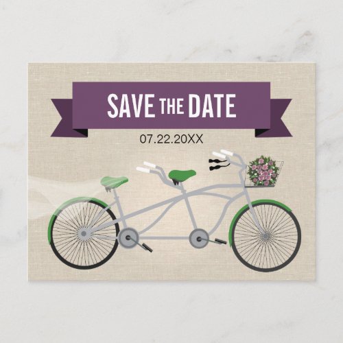 Tandem Green Bicycle Wedding Save the Date 2 Announcement Postcard