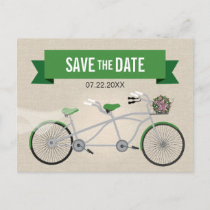 Tandem Green Bicycle Wedding Save the Date Announcement Postcard