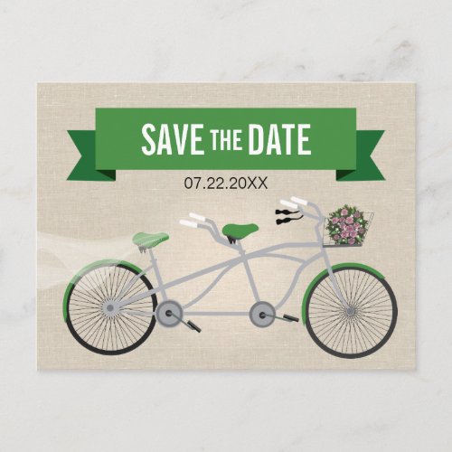 Tandem Green Bicycle Wedding Save the Date Announcement Postcard