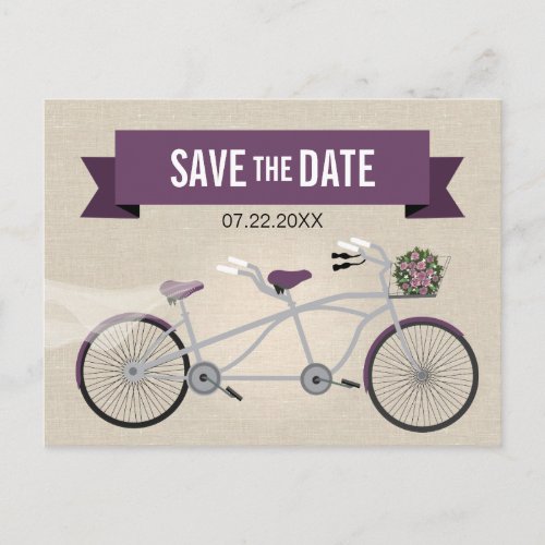 Tandem Plum Bicycle Wedding Save the Date Announcement Postcard