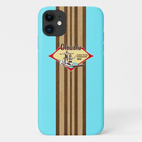 Tandem Surfing Hawaiian Faux Wood Aqua Surfboard iPhone 11 Case