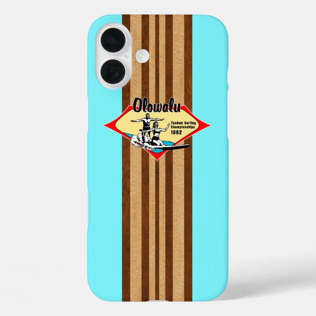 Tandem Surfing Hawaiian Faux Wood Aqua Surfboard  Case-Mate iPhone Case (Back)