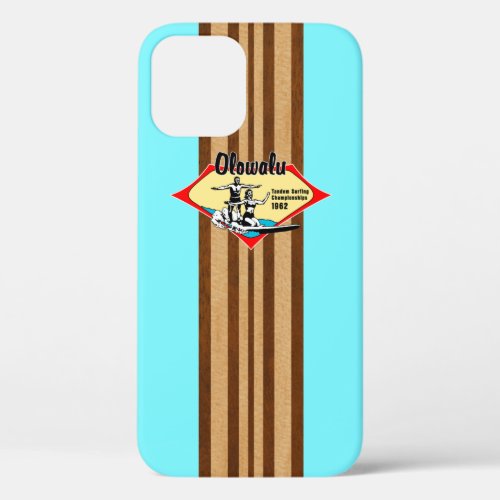 Tandem Surfing Hawaiian Faux Wood Aqua Surfboard  iPhone 12 Pro Case