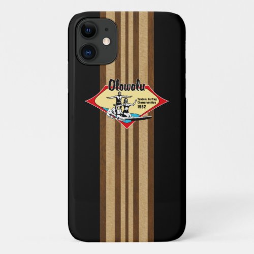 Tandem Surfing Hawaiian Faux Wood Black Surfboard iPhone 11 Case