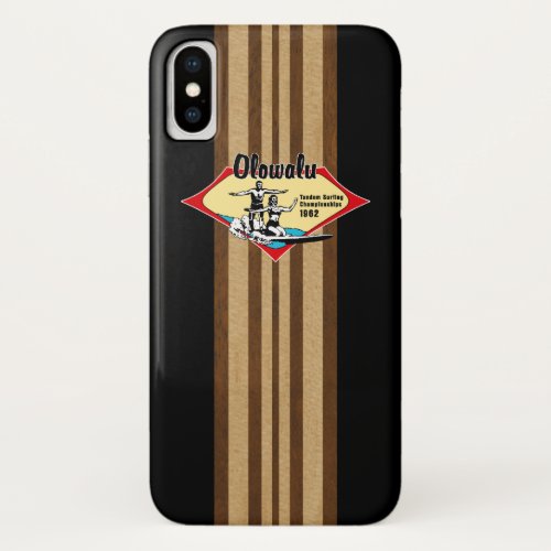 Tandem Surfing Hawaiian Faux Wood Black Surfboard iPhone X Case