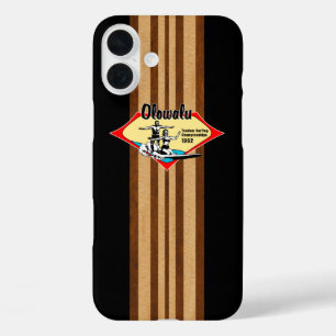 Tandem Surfing Hawaiian Faux Wood Black Surfboard iPhone 16 Plus Case