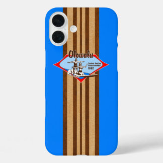 Tandem Surfing Hawaiian Faux Wood Blue Surfboard iPhone 16 Plus Case