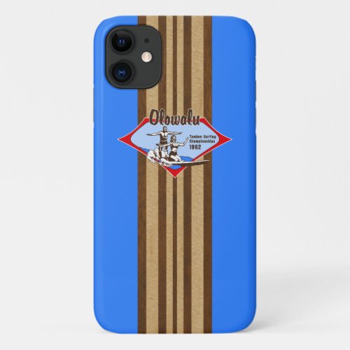 Tandem Surfing Hawaiian Faux Wood Blue Surfboard iPhone 11 Case