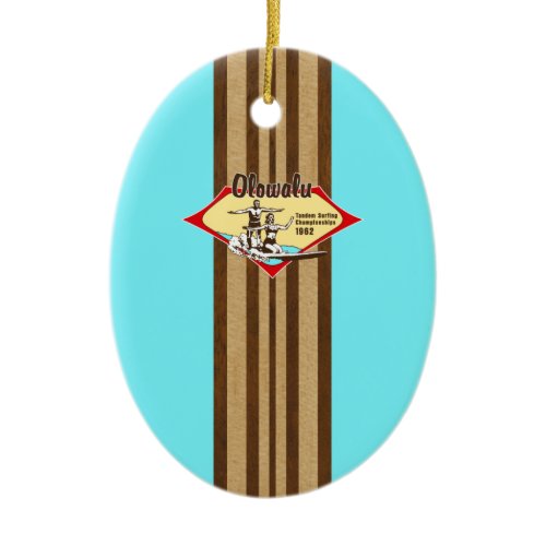 Tandem Surfing Hawaiian Faux Wood Surfboard Ceramic Ornament