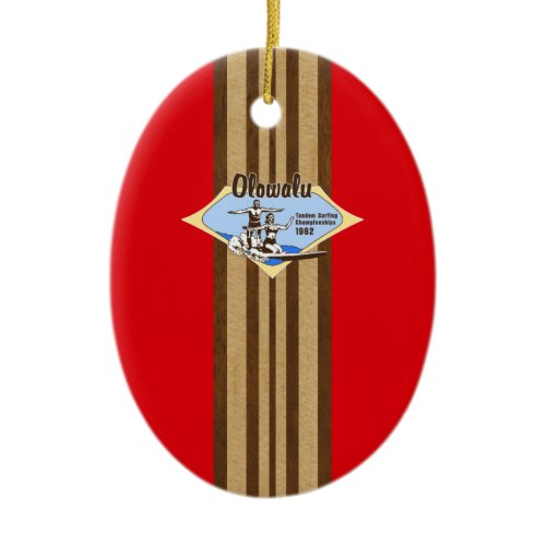 Tandem Surfing Hawaiian Faux Wood Surfboard Ceramic Ornament