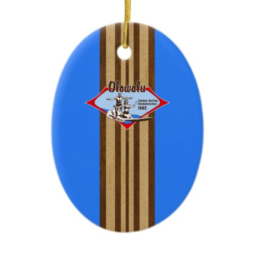Tandem Surfing Hawaiian Faux Wood Surfboard Ceramic Ornament
