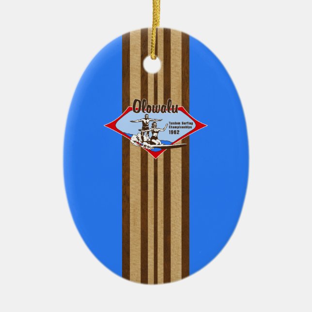 Tandem Surfing Hawaiian Faux Wood Surfboard Ceramic Ornament (Front)