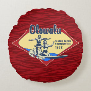 Tandem Surfing Hawaiian Vintage Surf Design Round Pillow
