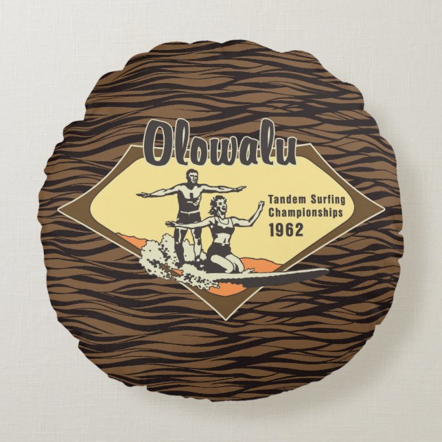Tandem Surfing Hawaiian Vintage Surf Design Round Pillow (Front)