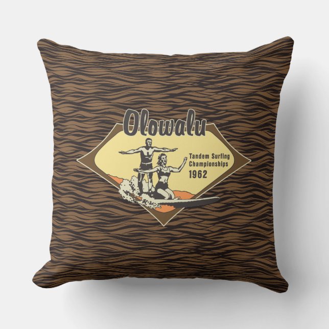 Tandem Surfing Hawaiian Vintage Surf Design Throw Pillow (Front)