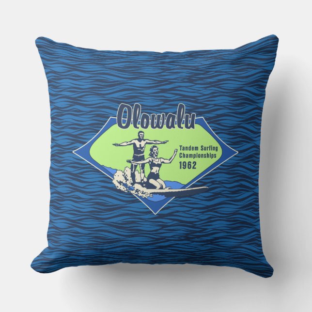 Tandem Surfing Hawaiian Vintage Surf Design Throw Pillow (Front)