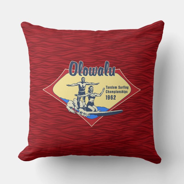 Tandem Surfing Hawaiian Vintage Surf Design Throw Pillow (Front)