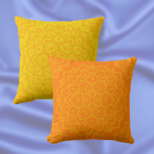 Tangelo Orange and Empire Yellow Boho Mandala Throw Pillow
